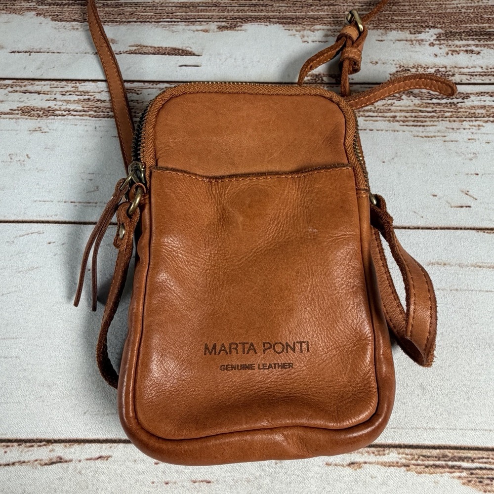 Marta Ponti Cognac Tan Genuine Leather Crossbody Phone Bag Made in Portugal - Picture 2 of 5